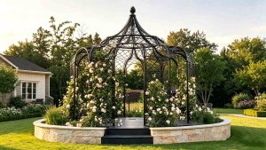 Black metal garden gazebo with climbing roses, raised stone base, and garden landscaping at golden hour.
